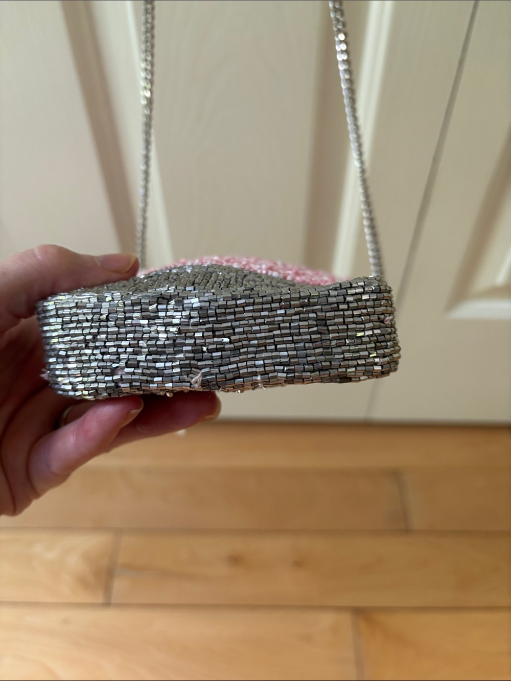 Made in India Beaded Pink and Silver Strawberry Milkshake Crossbody Bag - Picture 4 of 12